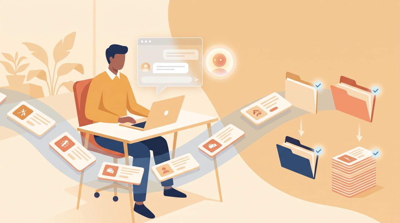 Illustration of an IT support technician working alongside an AI assistant that sorts and organizes support tickets