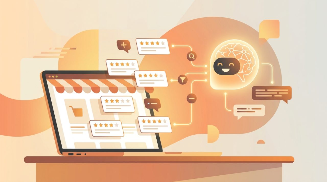 Editorial illustration of an online store dashboard with floating five-star review cards and speech bubbles being sorted and answered by an AI system, in warm amber tones.