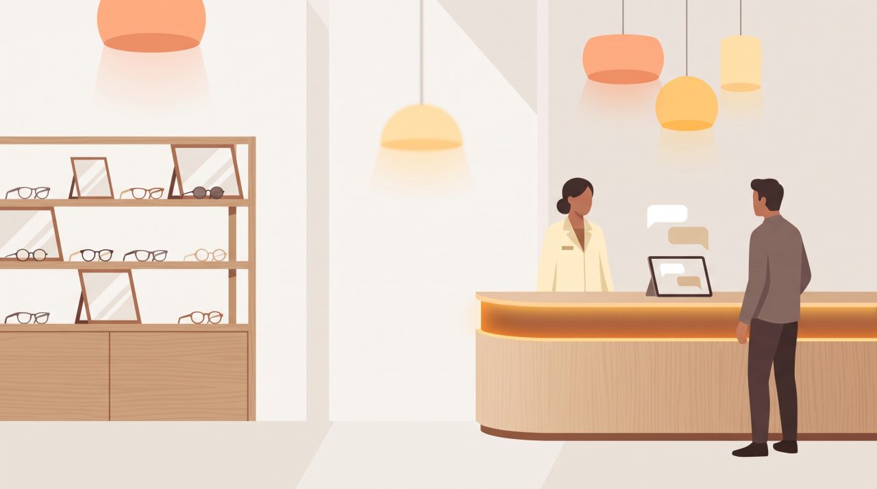Editorial illustration of a modern optometry clinic reception with an eyeglasses display and a tablet showing a chat conversation, warm amber tones.